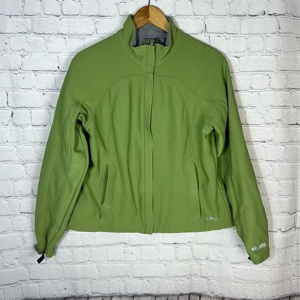LL BEAN Soft Shell Windstopper Fleece Lined Nylon Jacket Zip Women M Green 0AKM4